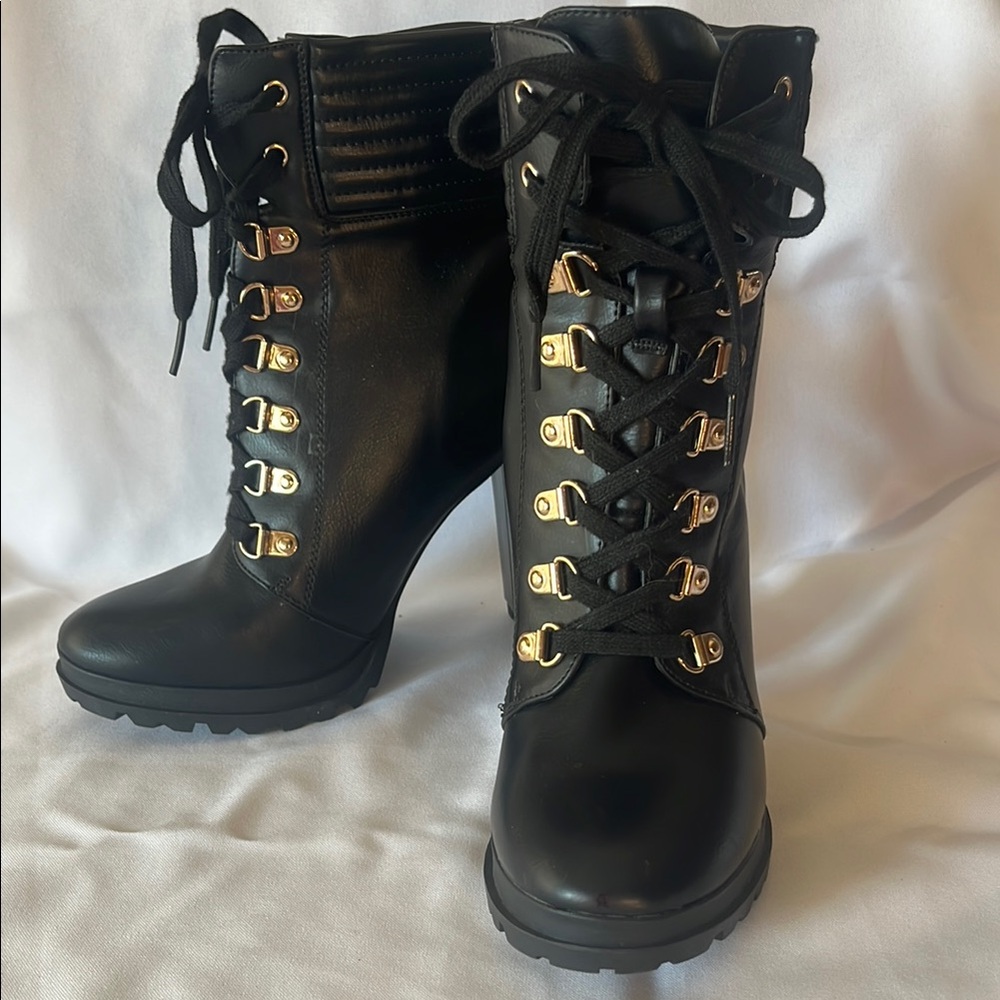 Black Lace-Up Ankle Boots with Gold Accents NEW Size 8